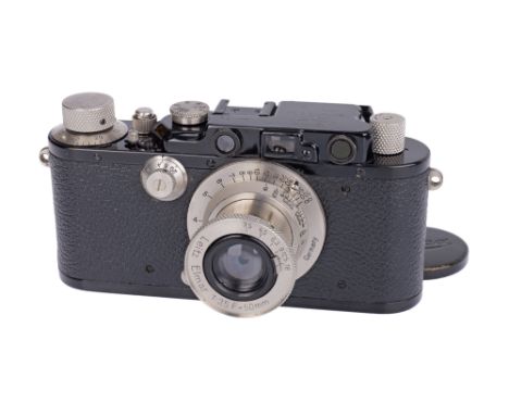1936, black/nickel, serial no. 188150, with Leitz Elmar f/3.5 50mm lens, nickel, serial no. 173332, body, VG-E, shutter worki