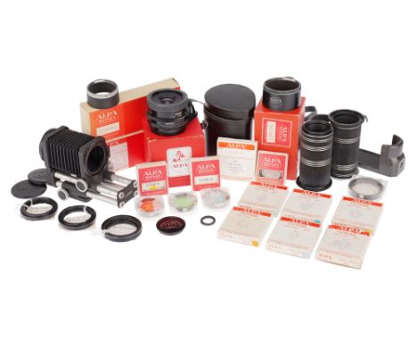 including lens hood, Alpa-Nikon F &amp; Alpa-M42 adapters, cradle holder, filters and more, some boxed (a lot)