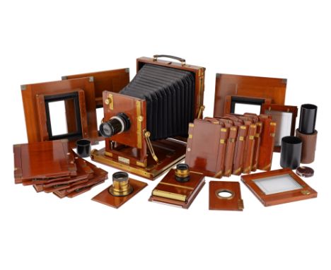 of mahogany and brass construction, English, VG-E, the bellows appear VG, tilt and rise controls operate well, fitted with a 