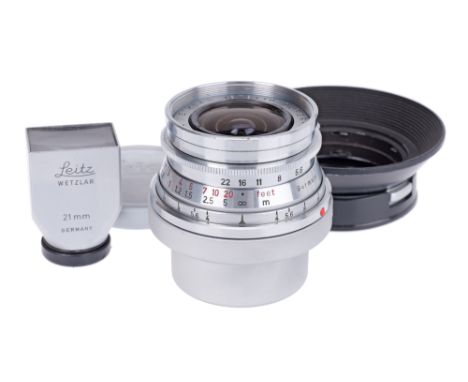 chrome, serial no. 1675110, body, G-VG, elements, G-VG, internal haze, complete with Leitz SBKOO 21mm viewfinder, body, G, op