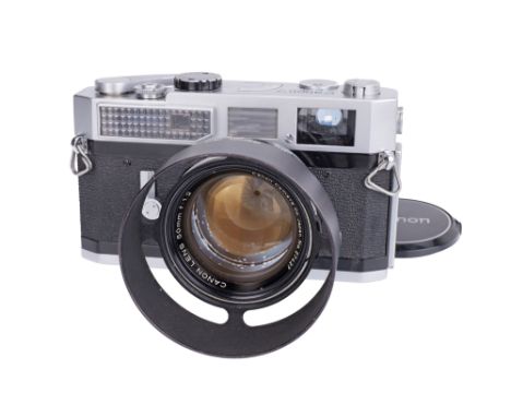 1961-64, chrome, serial no. 832980, with Canon f/1.2 50mm lens, black/chrome, serial no. 27427, body, VG, shutter working, le