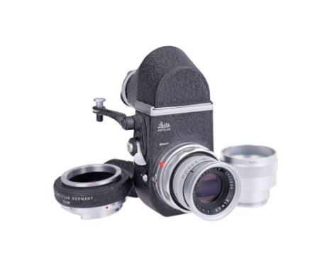chrome, body, G, optics, F, some haze present, mounted in a Leitz OUAGO helical focusing mount, together with a Leitz Visofle