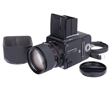 1989, black, serial no. RE1525989, with Zeiss Planar 110mm f/2 lens, body G, shutter working when batteries are inserted, som
