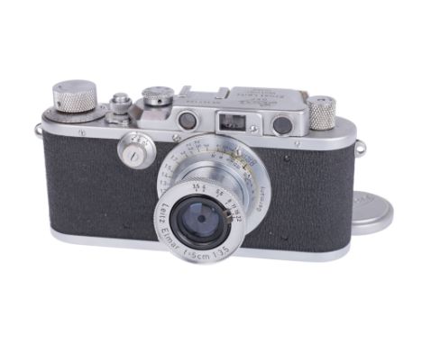 1950, chrome, serial no. 357122, with Leitz Elmar f/3.5 50mm lens, chrome, serial no. 772377, body, G-VG, shutter working, le