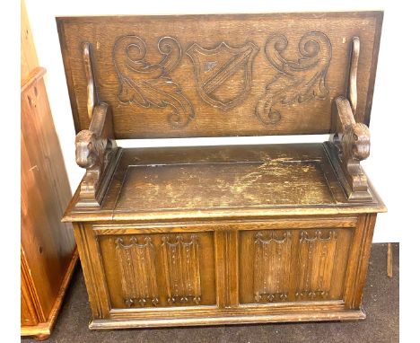 Oak lining fold monks bench 40" tall 37" wide 17" depth 