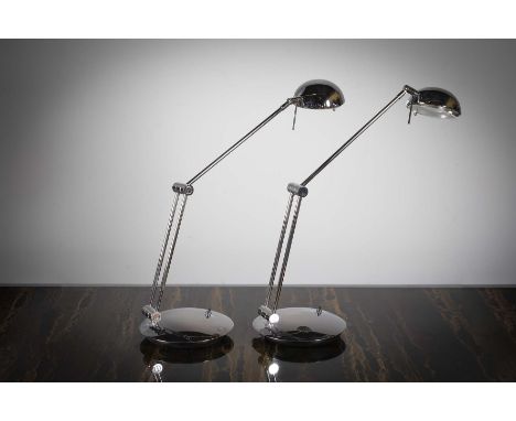 A PAIR OF ADJUSTABLE CHROME SWIVEL DESK LAMP, 1970s, circular base, approx 60cm high