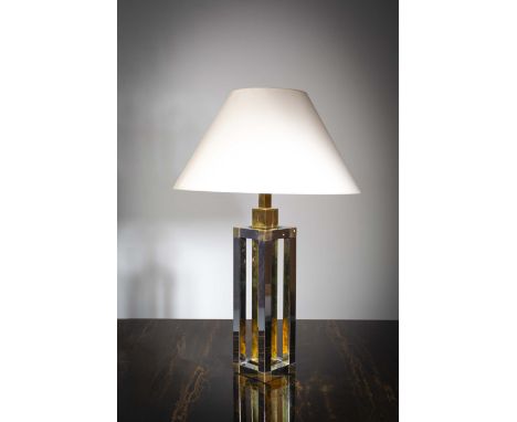 A CHROME AND GILT TABLE LAMP, ITALIAN, on square columnar base, 80cm high (incl shade)