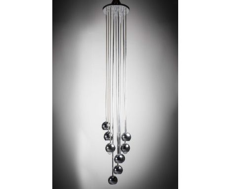 A CHROME HANGING LIGHT, ITALIAN, 1960s, attributed to Stilnovo, 167cm high