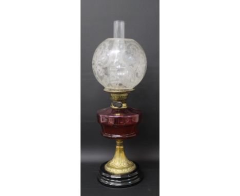 Brass paraffin lamp with cranberry glass reservoir &amp; clear etched glass shade&nbsp;