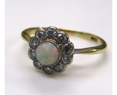 18ct gold opal and diamond cluster ring - ring size Q/R - approx. 0.45ct diamond