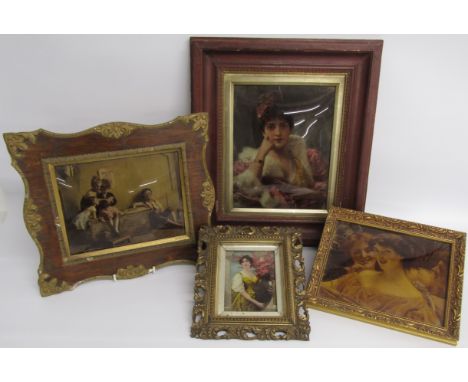 Crystoleum framed prints include - Konrad Keisel lady with fan - children playing - 3 ladies and lady carrying blossom