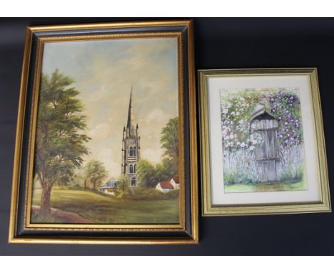 Gilt framed oil on board believed to depict St James Church Louth from the Old Cem &amp; "The Secret Garden" watercolour by M