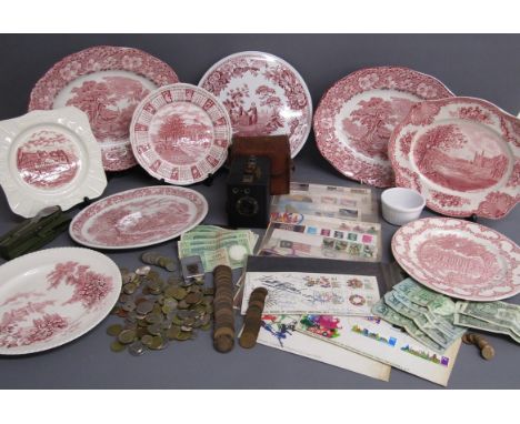 Collection of red and white plates includes Spode Archive Collection cake plate, Grindley, Meakin '76 calendar plate, Johnson