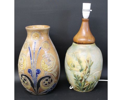 Bourne Denby Danesby Ware table lamp with fish motifs &amp; large saltglazed stoneware vase 31cm H