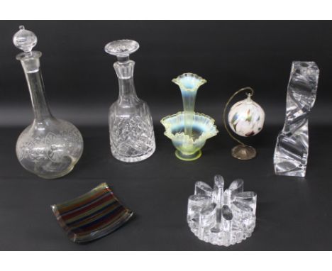 Selection of glassware including hanging hand blown bauble, 2 decanters, uranium vase (damage to foot), twisted glass candles