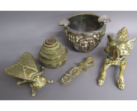 Sovereign scales, brass fly ashtray, weights, fox door knocker and Valmazan silvered religious cup&nbsp;