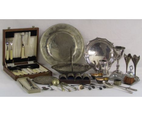 Collection of silver plate includes salver and goblet etched 1872, part Ogden's fish set, toasting fork, trivet, handled dish