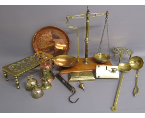 Set of Day &amp; Millward scales, Salters scales, trivets, ladles, copper plate etc