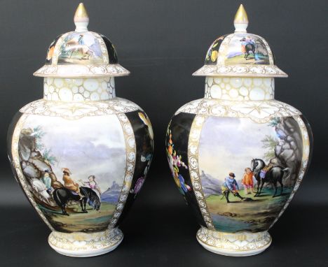 Pair of large 19th century Augustus Rex porcelain jars and covers, each with polychrome decoration with alternating panels of