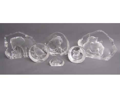 Mats Jonasson paperweights - large Elephant with calf, panda and playing cubs, medium Koala and bird and small rabbit