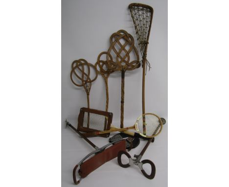 Hattersley's Viktoria lacrosse stick, cane carpet beaters, rackets and shooting sticks