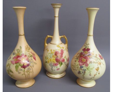 Pair of Royal Worcester blush ivory long necked vases 307 and a long necked twin handled vase 957