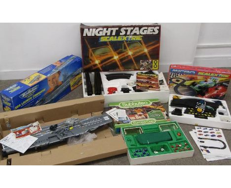Scalextric Night stages, Micro Machines Sea Launch Command with planes, Subbuteo Europa Cup and Micro Scalextric World Champi