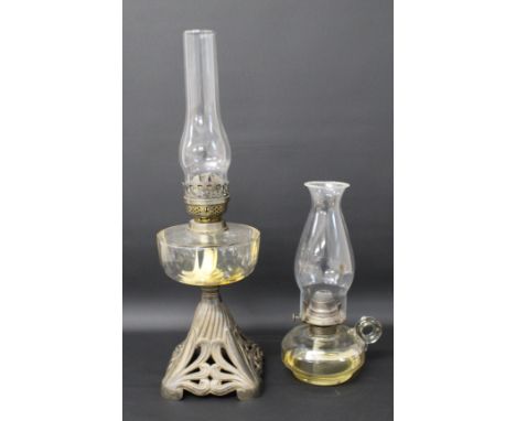 Paraffin lamp with Art Nouveau cast metal base &amp; small hand held paraffin lamp