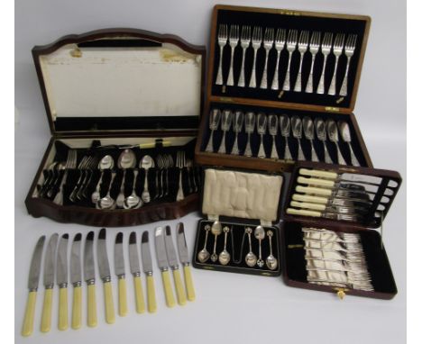 James Dixon &amp; Sons 6 place cutlery set, 12 setting fish cutlery, A Kesteven 12 piece knife and fork set and Art Deco teas