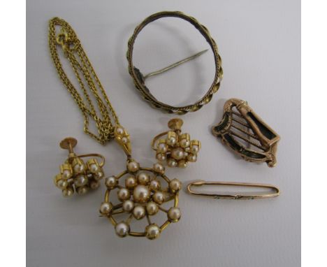Tested as 9ct gold mounted earrings set with pearls and matching brooch pendant on yellow metal chain, 9ct gold (tested as) b