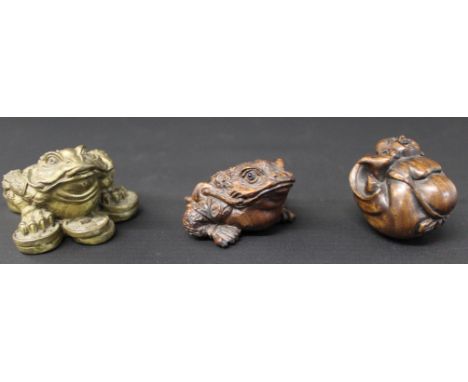 Two signed netsuke including three legged toad &amp; brass fortune / good luck toad