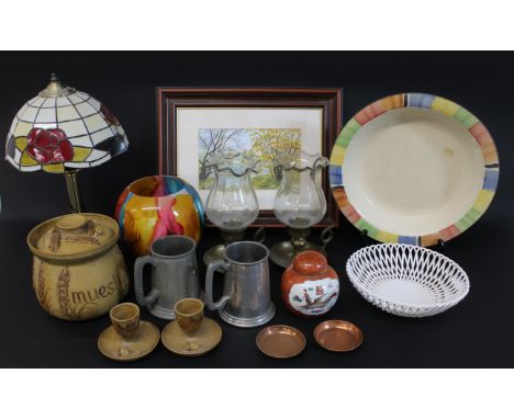 Alvingham Pottery lidded muesli jar &amp; pair of eggcups, pair of brass chamberstick lamps, modern glass bowl, Tiffany style