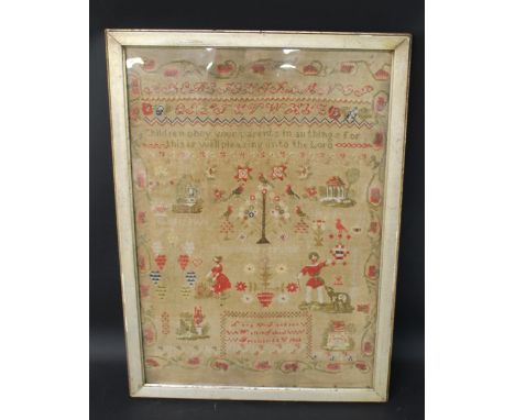 Large Victorian framed sampler 'Children obey your parents...' by Lucy M Jackson Well School 22nd December 1862 50 cm x 70 cm