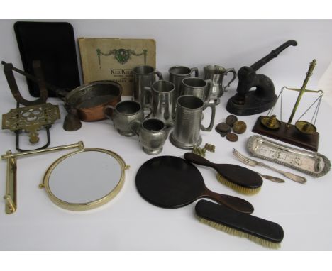 Heavy press with Chesham &amp; Wycombe Cooperative Society Limited stamps, hooked fireside kettle stand, copper pan, collecti