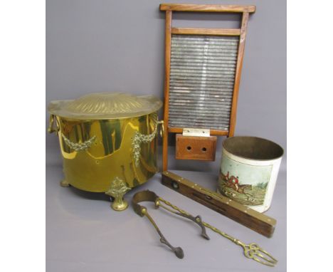 W.Marples & Sons spirit level, brass coal bucket, tongs, metal wash dolly and toasting fork