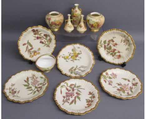 6 Royal Worcester gold rimmed flower design plates 1416, handled dish 5171, 2 small twin handled vases 1021 5434, twin handle