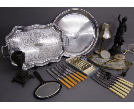 Collection of silver plate includes trays and cutlery also a dressing table part set, spelter figure 'Coquelicot', bronzed ur