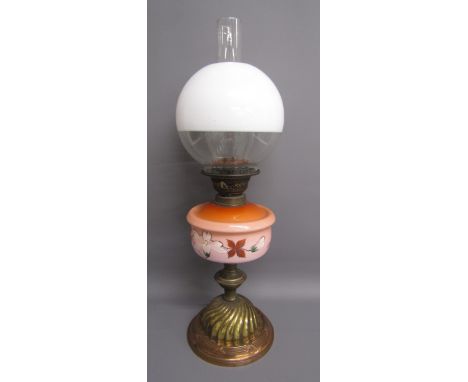 Brass and copper oil lamp with pink glass and hand painted design reservoir half white glass cover and chimney