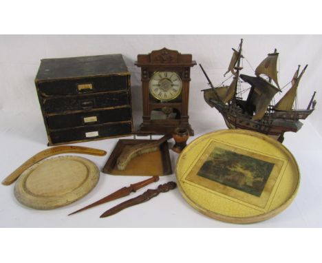 Wooden table drawers, clock, Galleon, tray, table tray and brush, bread board, boomerang etc