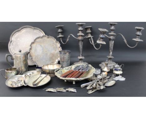 Quantity of silver plate including pair of candelabra, 2 mother of pearl forks with silver tines &amp; silver salt Birmingham