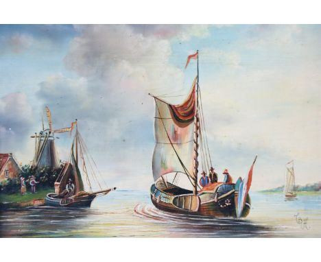 A 17th Century Dutch reproduction depicting an estuary view, oil on panel, monogrammed 'TBH', in fancy gilt moulded frame, 41