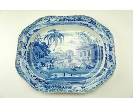 An early 19th Century transfer decorated blue and white earthenware ashet after Spode, 'Dooreas Leading out the Dogs', having