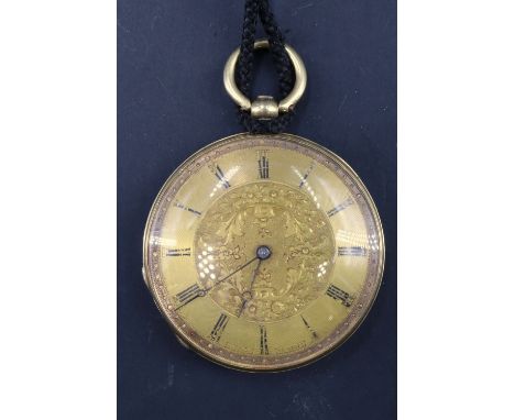 A Victorian high carat yellow metal fob watch, having a key wind and set movement, a floral engraved and engine turned dial m