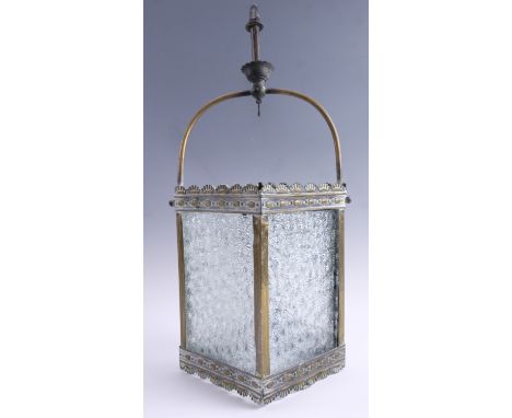 A Victorian brass and glass hanging oil-lamp lantern, 55 cm, (lacking oil lamp)