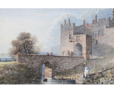 Attributed to Matthew Ellis Nutter (1795 - 1892) A view looking towards the Carlisle Castle gate bridge, with a young woman i
