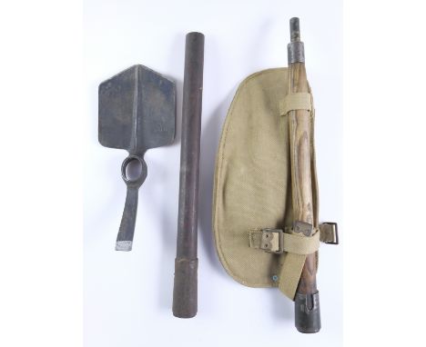 Two Second World War British military entrenching tools and a Pattern 1937 Webbing pouch