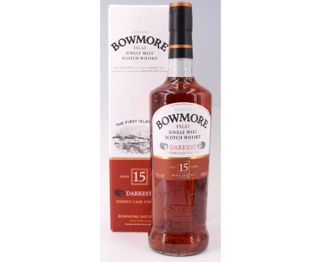 A boxed bottle of Bowmore of Islay Single Malt Scotch Whisky, aged 15 years, darkest, sherry cask finished, 700 ml
