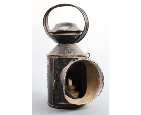 A LNER railway hand lamp by G Polkey, Birmingham, retaining its burner, (a/f), 30 cm tall [ railwayania ]