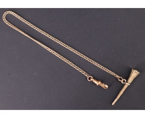 A late 19th / early 20th Century yellow metal fine curb link watch chain having a trumpet-form combined T-bar, watch key and 