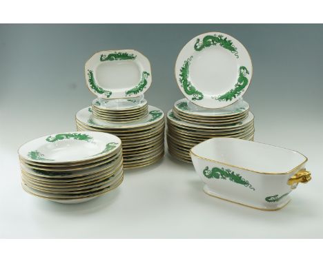 A quantity of Spode / Mortlock's green dragon pattern dinnerware comprising 27 large plates, 5 small plates, 6 side plates, 1